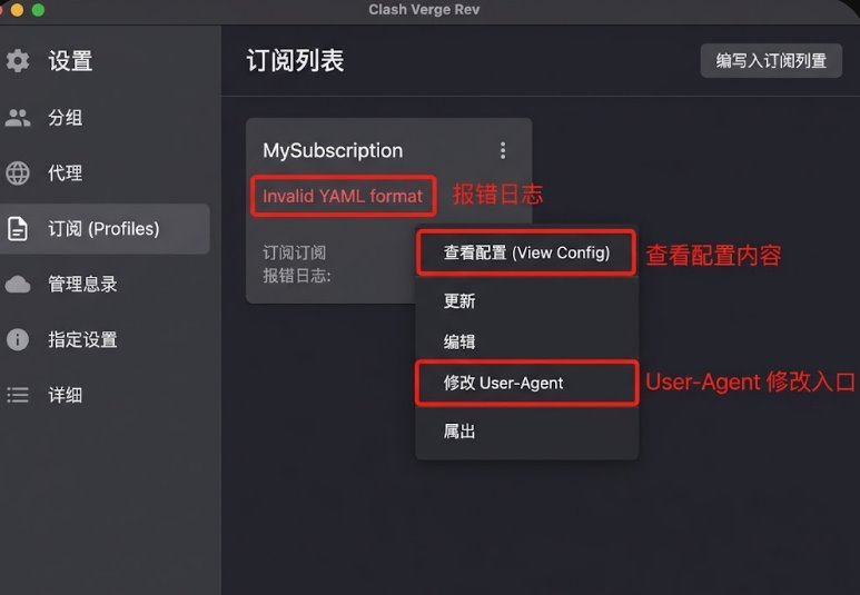 Clash Verge Rev 订阅更新报错 Invalid YAML format 界面
